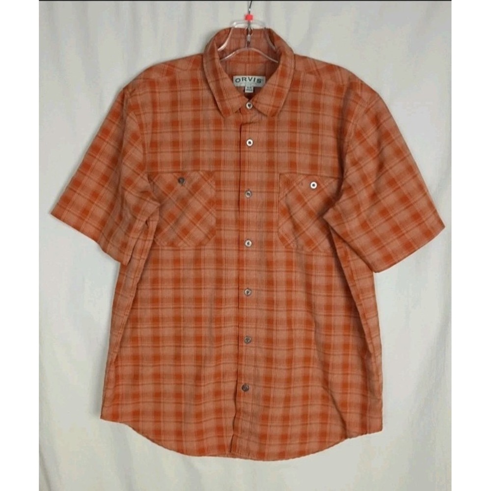 Orvis Men's Tech Shirt Size M Orange Plaid Short Sleeves Quick Dry